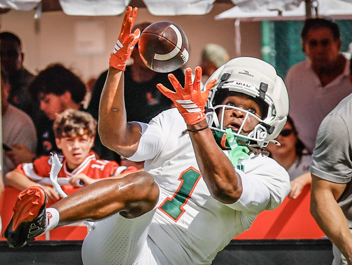 Miami Hurricanes wide receiver Malachi Toney (1) catches a pass during UM’s spring football game at Cobb Stadium on the University of Miami campus in Coral Gables, Florida, on Saturday, April 18, 2026.